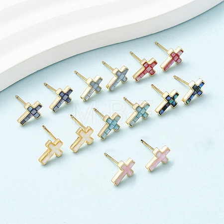 Brass Enamel Cross Stud Earrings EJEW-I322-03G-1