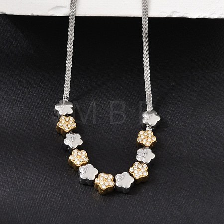 Duo Tone 304 Stainless Steel Micro Pave Clear Cubic Zirconia Beaded Pendant Flat Snake Chain Necklaces SA-CBAB122-01B-1