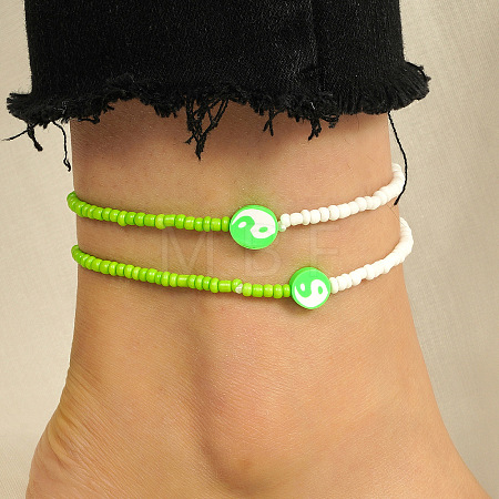 2Pcs Yin-yang Polymer Clay Glass Seed Beaded Stretch Anklet Sets for Women FS-WG3863F-07-1