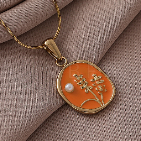 316 Surgical Stainless Steel Enamel with Imitation Pearl Flower Pendant Necklaces for Women JX9312-1