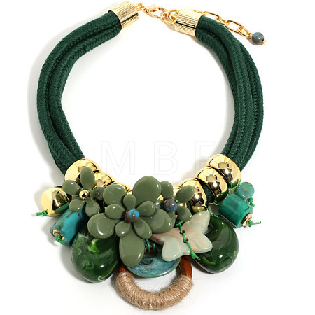 Flower Butterfly Ring Acrylic & Wood Pendant 2-Strand Cotton Cord Bib Necklaces for Women FS-WG99BBE-01-1