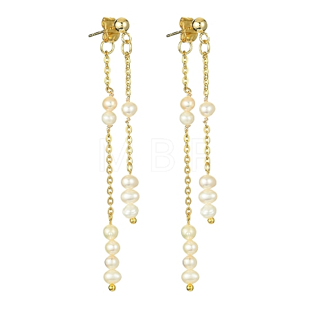 Natural Pearl Beaded Tassel Dangle Stud Earrings EJEW-JE05514-01-1