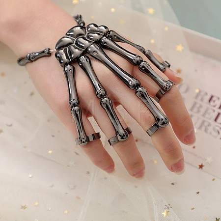 Halloween Themed Skull Alloy Full Hand Ring Bracelet BJEW-L680-01B-1