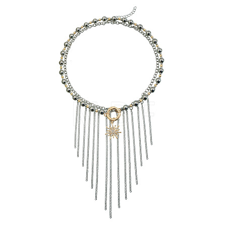 Two Tone Alloy Sun and Chain Tassel 2-Strand Bib Necklaces with CCB Plastic Beads for Women WG233F9-01-1