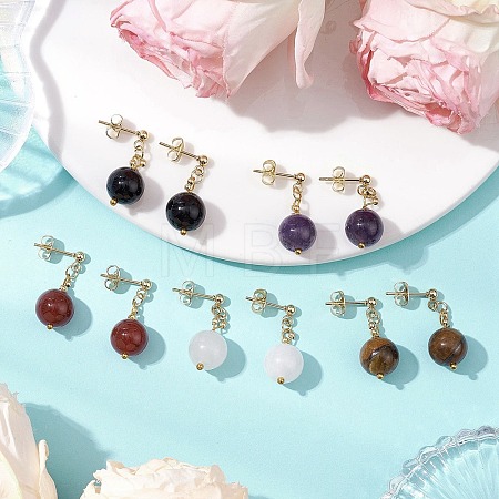 Natural Mixed Stone Round Beads & 304 Stainless Steel Components Dangle Earrings for Women EJEW-JE06231-1