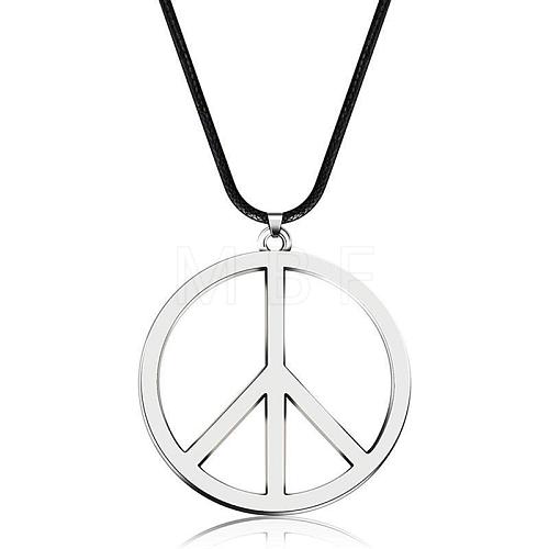 Stylish Stainless Steel Peace Sign Pendant Necklace Hip-hop Leather Necklace Jewelry PC5698-2-1
