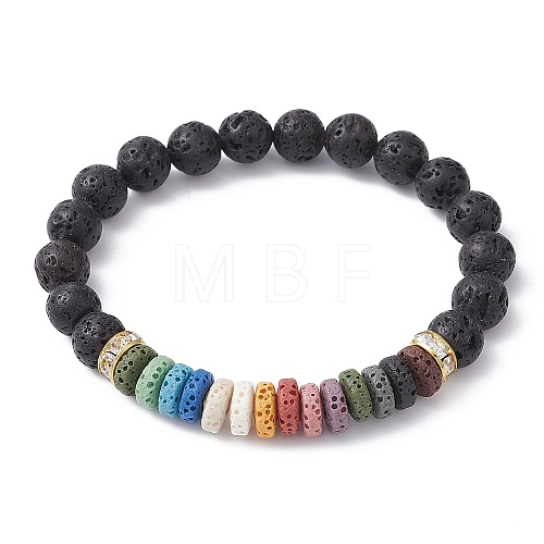 Dyed Colorful Natural Lava Rock & Rhinestone Beaded Stretch Bracelets for Women BJEW-JB09668-02-1