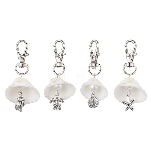 4Pcs 4 Styles Sea Animal Alloy & Natural Shell Pendant Decorations HJEW-JM02015-1