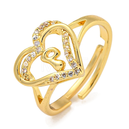 Heart with Letter Rack Plating Brass Micro Pave Clear Cubic Zirconia Adjustable Rings for Women RJEW-I105-01G-P-1