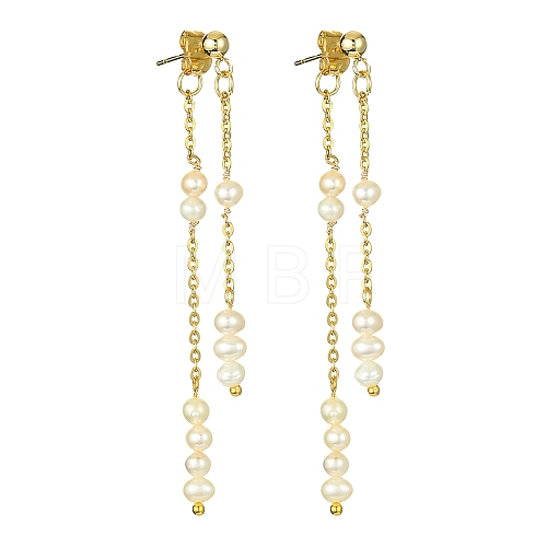 Natural Pearl Beaded Tassel Dangle Stud Earrings EJEW-JE05514-01-1
