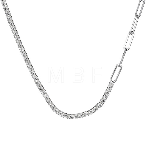 Rhodium Plated 925 Sterling Silver Pave Clear Cubic Zirconia Paperclip Chain Necklaces for Women NJEW-Q342-10P-1