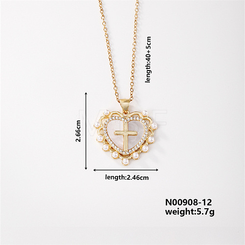 Vintage Brass Pave Clear Cubic Zirconia Religion Cross Heart Pendant Couple Necklaces EG3361-4-1