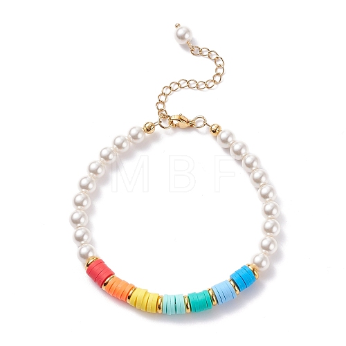 Round Shell Pearl & Polymer Clay Heishi Beaded Bracelet for Women BJEW-TA00047-1
