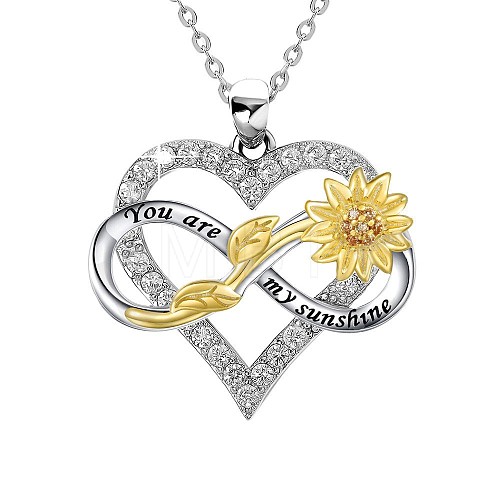 Brass Micro Pave Clear Cubic Zirconia Infinity Heart with Sunflower Pendant Necklaces for Women NJEW-G146-01P-1