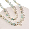 Saint Patrick's Day Natural Flower Amazonite Clover Pendant Round Beaded Necklaces with Brall Heart OT Clasps NJEW-G202-02G-03-3