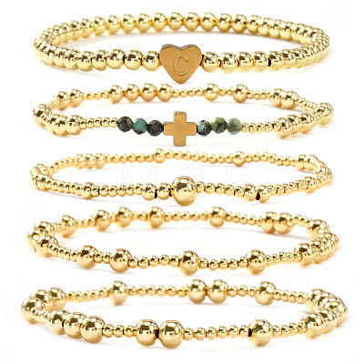 5Pcs Brass & Natural African Turquoise(Jasper) Beads Stretch Bracelets for Women BK1359-2-1