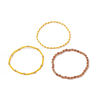 3Pcs 3 Style Natural Garnet & Glass Seed Beaded Stretch Bracelets Set for Women BJEW-JB09171-03-1