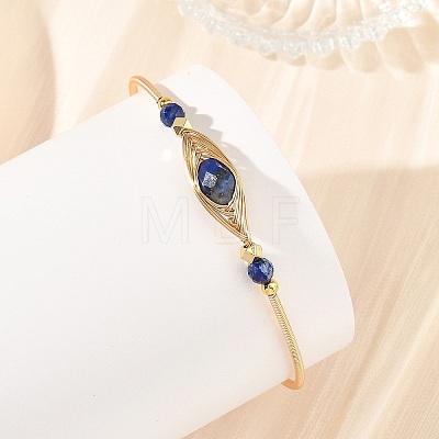 Faceted Horse Eye Natural Mixed Stone Herringbone Wire-Wrapped Brass Open Cuff Bangles with Natural Pearl for Women BJEW-JB14303-1