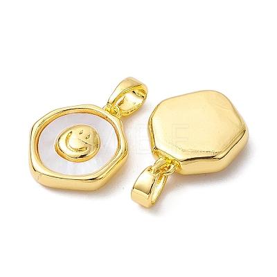 Rack Plating Brass Pave Shell Flat Round Charms with Smiling Face KK-K360-05G-1