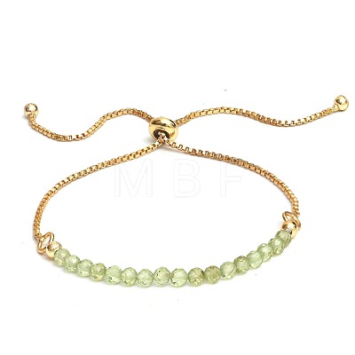 Natural Peridot Faceted Round Beaded Adjustable Brass Box Chain Slider Bracelets for Women QE7421-3-1