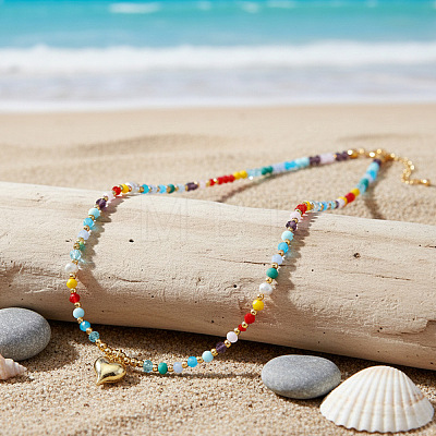 Beach Colorful Glass Beaded Alloy Heart Pendant Necklaces for Women NM2683-1