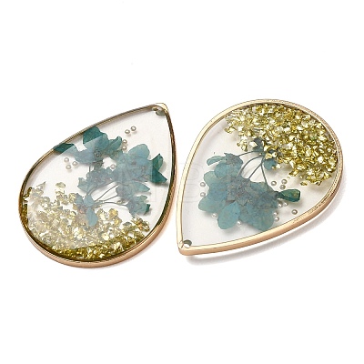 Brass & Transparent Epoxy Resin & Dried Flower Pendants RESI-G133-04G-02-1