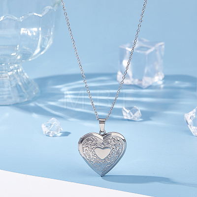 2Pcs 316 Surgical Stainless Steel Heart Photo Locket Pendant Cable Chain Necklaces for Women NJEW-DC0001-15P-1