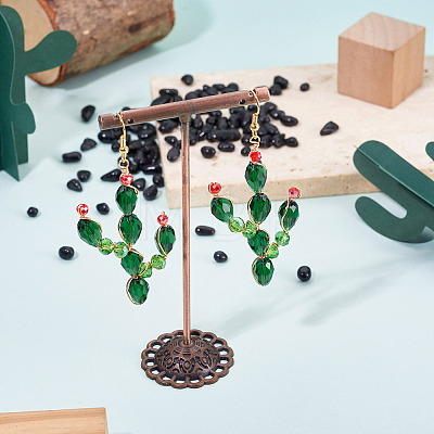 Brass Glass Cactus Dangle Earrings EJEW-TADJ00001-1