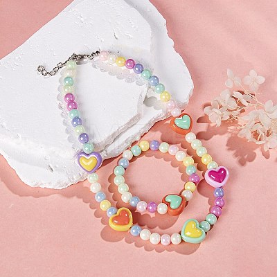 Rainbow Color Resin Beaded Stretch Bracelets & Necklaces for Kids WGBA309-01-1