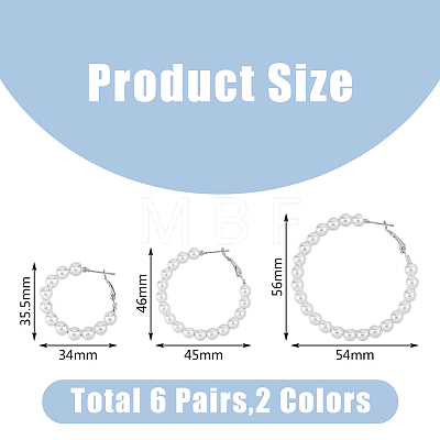 FIBLOOM 6 Pairs 6 Style Plastic Imitation Pearl Beaded Hoop Earrings with Iron Pins for Women EJEW-FI0002-10-1