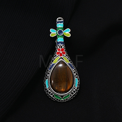 Natural Tiger Eye Musical Instrument Pipa Brooch with Enamel G-PW0007-054A-1