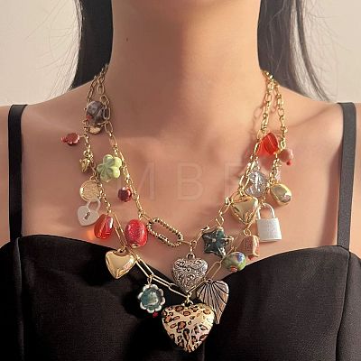 Zinc Alloy & Porcelain & Glass & CCB Plastic Flower Heart Lock Pendant Double Layer Bib Necklaces FS-WGC767F-01-1