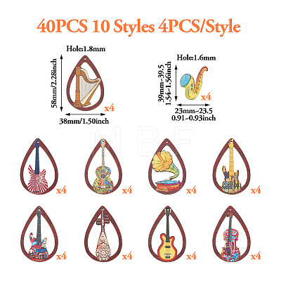 40Pcs 10 Styles Printed Wood Pendants Sets WOOD-TA0001-77-1