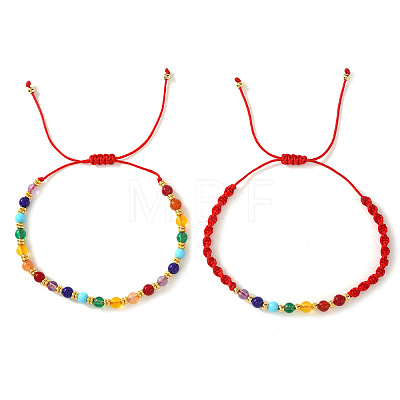 2Pcs 2 Styles Natural Mixed Gemstone & Glass & Brass Round Beads Braided Bead Bracelets PH4377-5-1