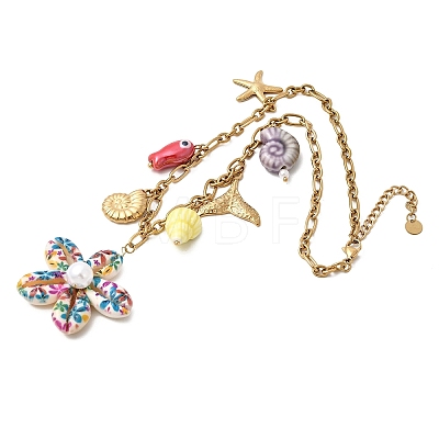 Printed Natural Cowrie Shell Colorful Flower & Ceramics Shell Shape Fish Pendant 304 Stainless Steel Chain Bib Necklaces for Women NJEW-A063-03G-1