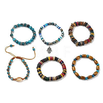 6Pcs 6 Style Natural Stone & Wood Beads Stretch Bracelets Set BJEW-SZ0001-86-1