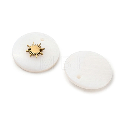 Natural Shell flat Round Charms with 304 Stainless Steel Star Ornament BSHE-Z004-01-1