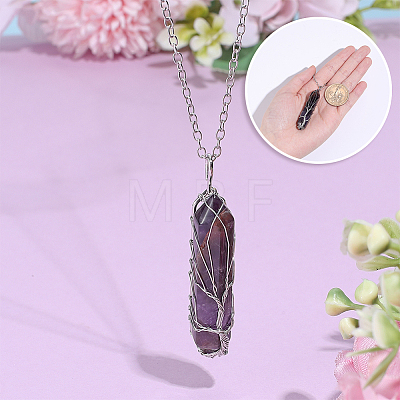 1Pc Natural Amethyst Bullet Macrame Pouch Pendant Alloy Chain Necklaces NJEW-PA0001-01C-1