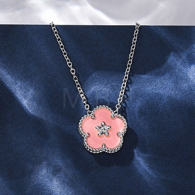 304 Stainless Steel Pink Enamel 5-Petal Flower Pendant Necklaces for Women NJEW-U032-17P-02-1