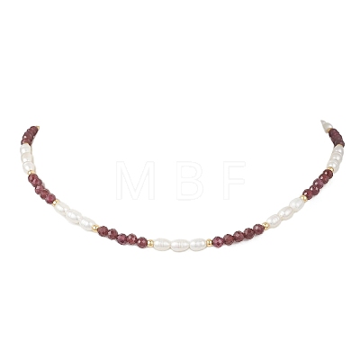 Faceted Round Natural Garnet and Rice Natural Pearl Beaded Necklaces for Women NJEW-JN05816-01-1