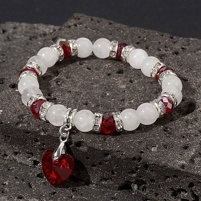 Natural Quartz Crystal & Glass Beaded Stretch Bracelet with Heart Charms for Valentine's Day X-BJEW-TA00284-1