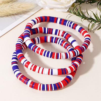 3Pcs Red White Blue Handmade Polymer Clay Heishi Beads Stretch Bracelets Set PW-WG85032-01-1