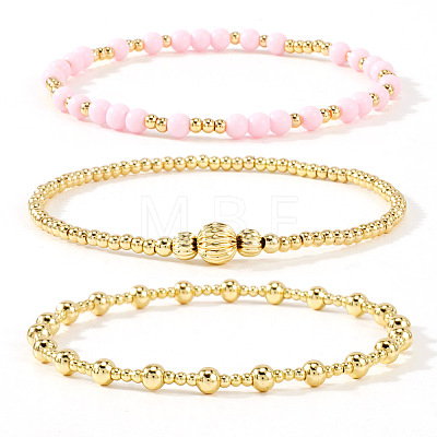 3Pcs Glass & Brass Round Beads Stretch Bracelets HD9470-1-1