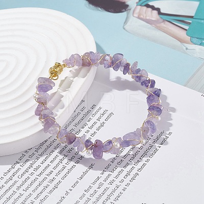 Natural Amethyst Chips Beaded Bracelet with Shell Pearl BJEW-TA00078-02-1