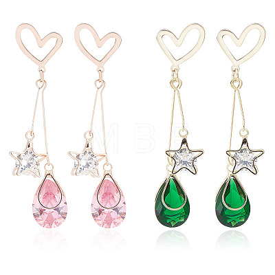 2 Pairs 2 Colors Rhinestone Star & Teardrop Dangle Stud Earrings EJEW-FI0001-24-1