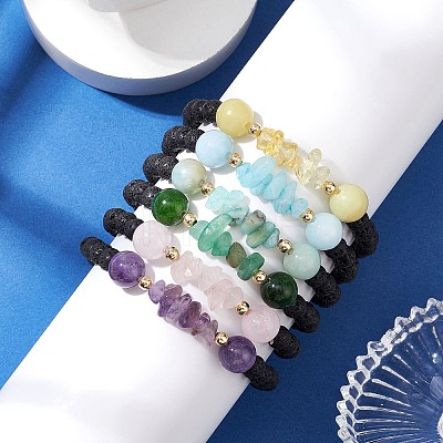 5Pcs Natural Gemstone Round Beads Stretch Bracelet Sets for Women BJEW-JB10981-1