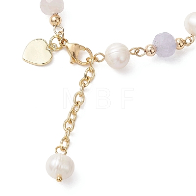 Round Natural Cultured Freshwater Pearl & Natural Lavender Amethyst & Aquamarine & Madagascar Rose Quartz Beaded Link Bracelets for Women BJEW-JB12807-1