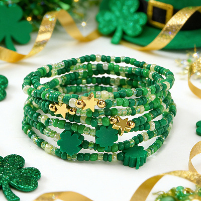 7Pcs 3 Styles Saint Patrick's Day Glass Seed Bead Stretch Bracelets RL8024-1-1