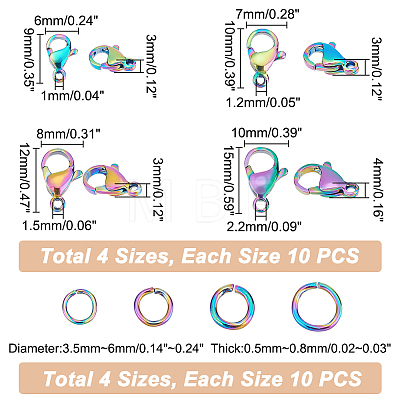 Unicraftale 40Pcs 4 Style Ion Plating(IP) Rainbow Color 304 Stainless Steel Lobster Claw Clasps STAS-UN0039-06-1