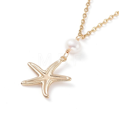 Starfish and Natural Pearl Beads Pendant Necklace for Summer Vacation NJEW-JN03744-01-1